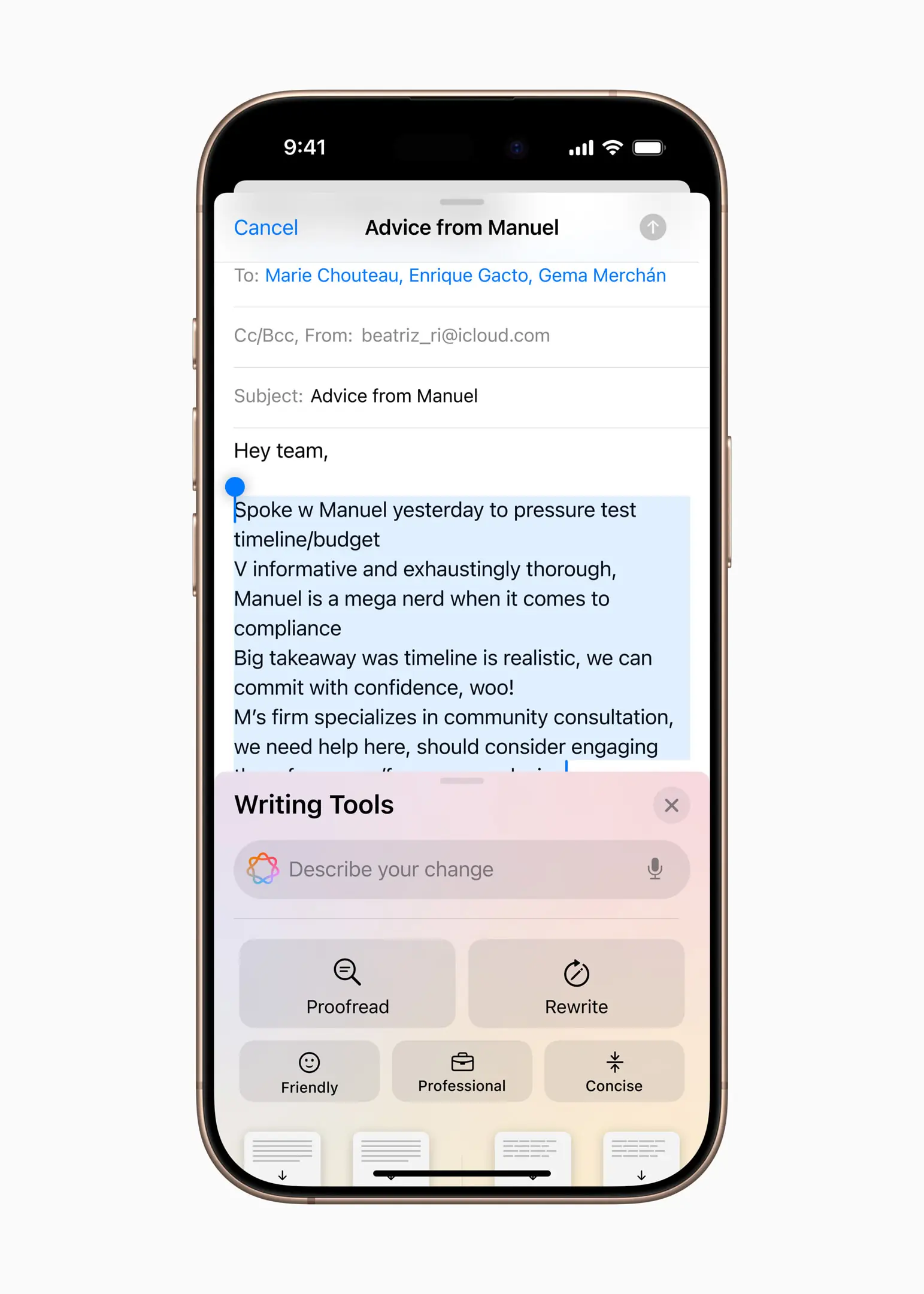 Apple Intelligence Writing Tools dialog
